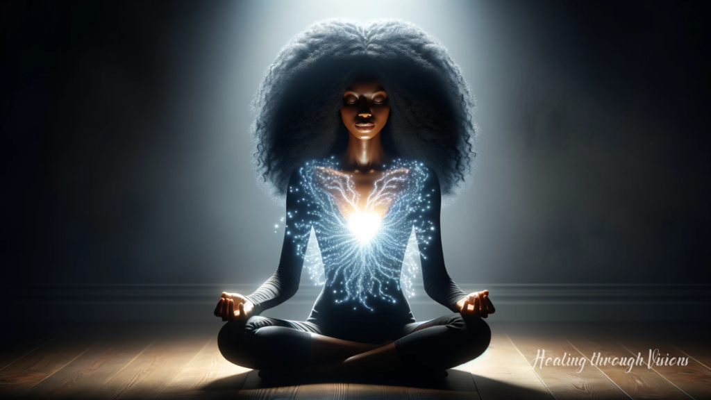 A Black woman in a meditative pose, with long beautiful curly hair, sitting in a dimly lit room. A soft, radiant light emanates from her chest, spreading across the room. This light represents the cleansing spirit of each breath, visualizing the mantra Each breath I take cleanses my spirit.