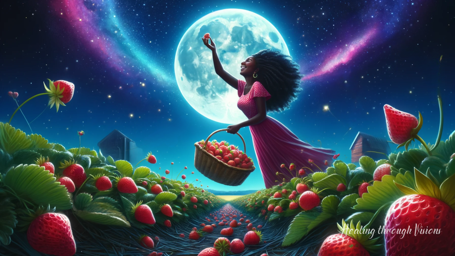 A vibrant image featuring a summer night with a brilliant full moon shining over a strawberry field, ready for harvest. A Black woman joyfully picks strawberries, celebrating abundance and the fruition of hard work.