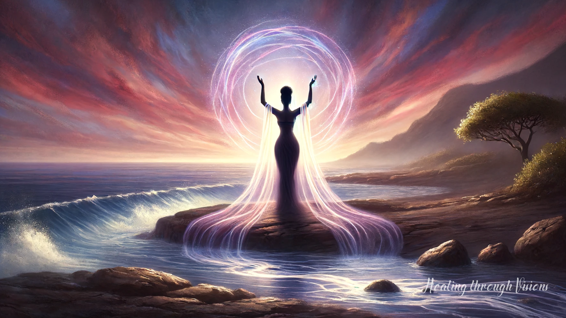 A serene, mystical scene of a Black woman standing on a rocky shore with a vast ocean behind her. Her arms are raised, and a soft, radiant light emanates from her hands, flowing into the water. The sky is painted with hues of twilight, blending deep purples, pinks, and oranges, symbolizing the healing energy of Ho'oponopono.