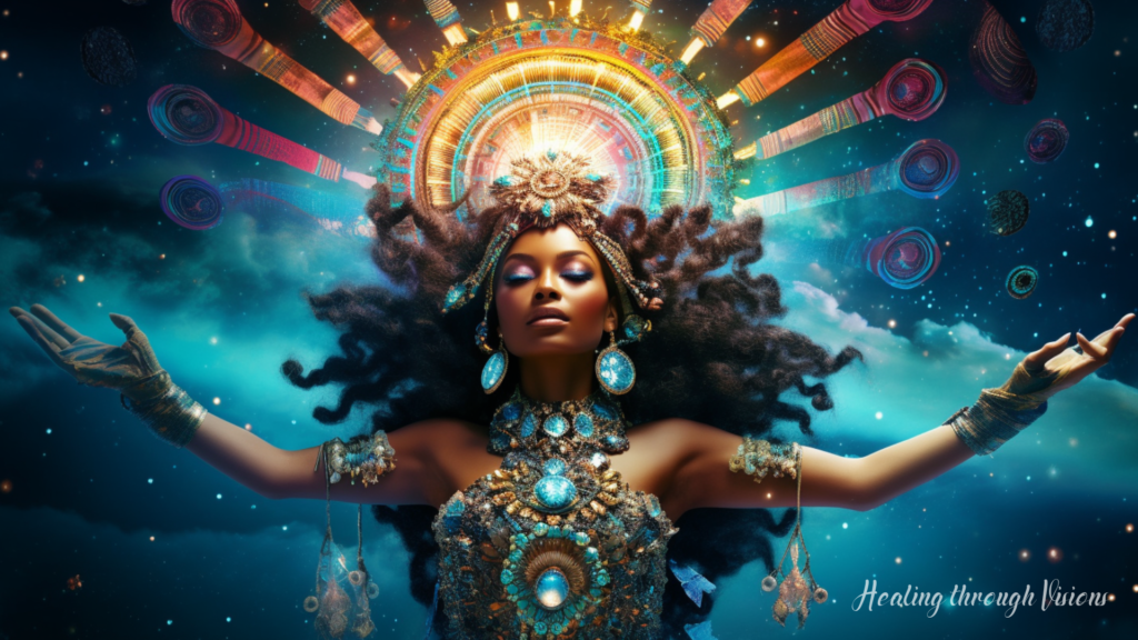 A radiant Black woman shaman stands in the center, emanating a powerful aura. She is adorned with intricate jewelry, featuring dazzling crystals of various hues, each pulsating with its unique energy. Surrounding her are enchanting bursts of vivid colors, as if the essence of the crystals has infused the air, creating an ethereal symphony of vibrant blues, greens, purples, and pinks. Illuminated by a soft, mystical glow, the crystals seem to come alive, casting enchanting reflections and sparkling light. The woman's eyes, aglow with ancient wisdom, connect with the viewer, inviting them to embark on a transformative journey of healing and self-discovery. This mesmerizing image captures the essence of crystal magic, drawing visitors into a realm where the mystical properties of crystals merge with your guidance and expertise, ready to unveil the wonders of their spiritual path.