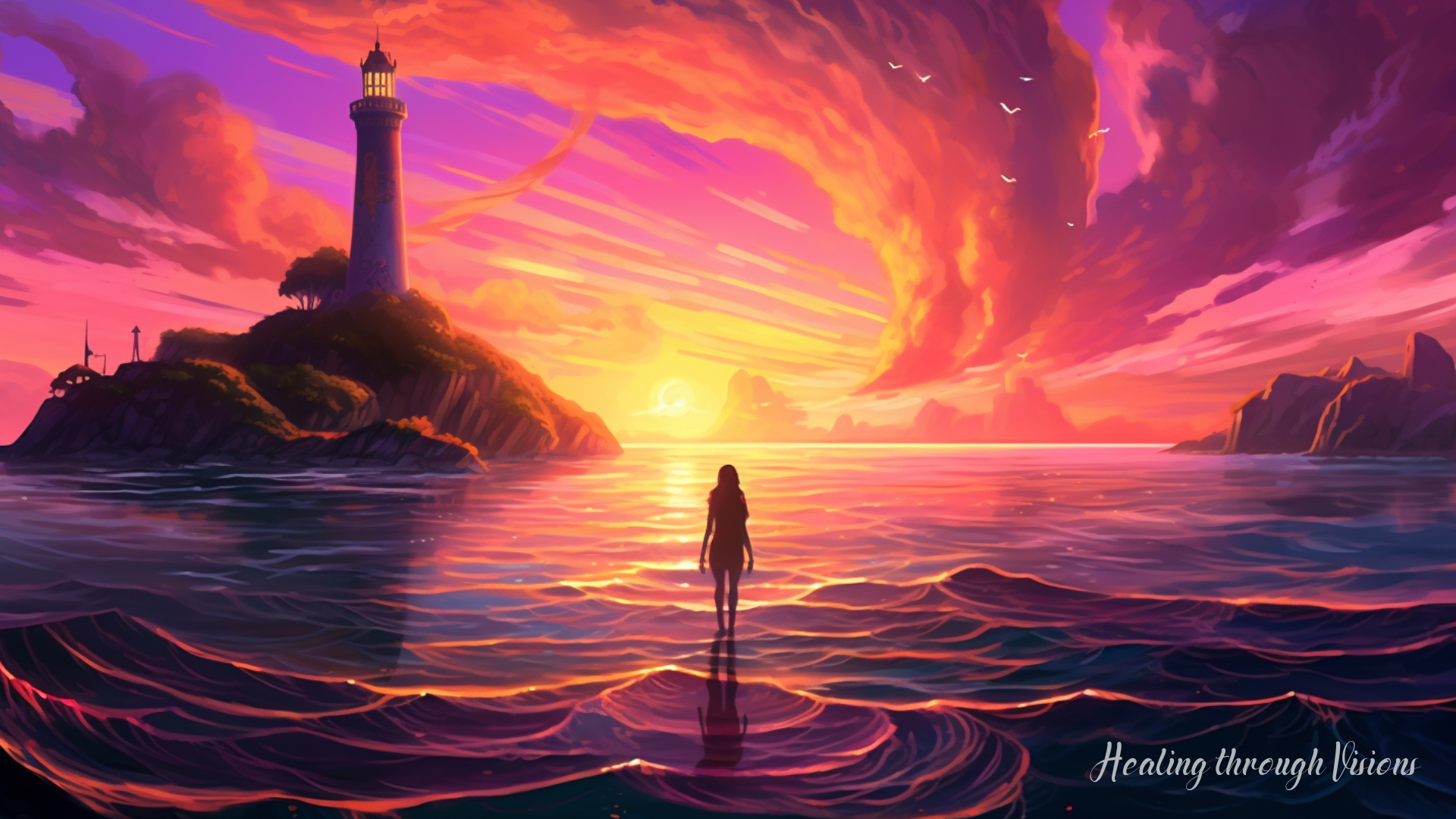 A breathtaking sunrise, with a magical and powerful futuristic lighthouse painting the sky with hues of gold, pink, and purple, casting a radiant glow upon a serene coastal landscape. The tranquil waters reflect the vibrant colors, shimmering like liquid gemstones. In the foreground, the silhouette of a Black woman shaman stands tall, embodying strength and grace, surrounded by swirling ribbons of energy that mirror the vibrant colors of the sunrise. This magical image serves as a reminder of the infinite potential that lies within, the limitless expanses waiting to be explored, and the radiant beauty that unfolds when one embraces their authentic self.