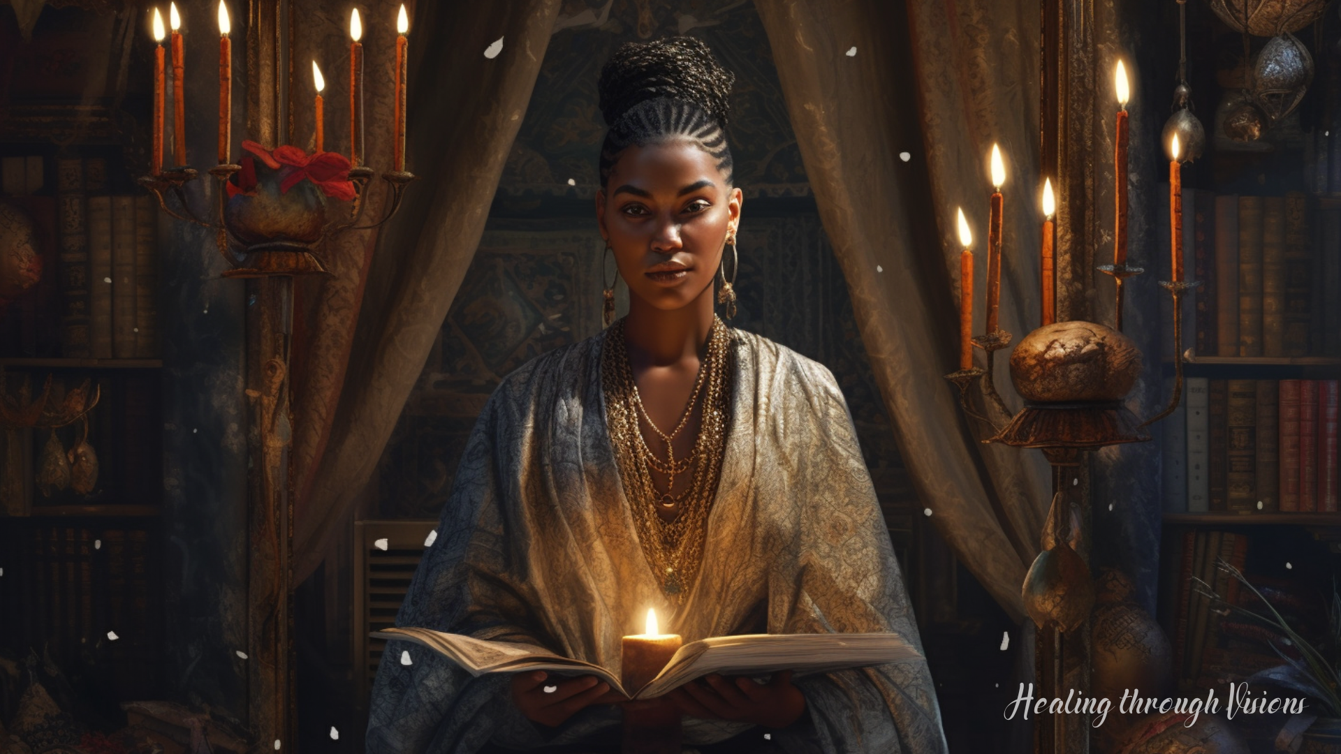n the center of a lavishly decorated room, a striking Black high priestess stands with grace and reverence. She wears a flowing robe adorned with intricate patterns, symbolizing her connection to ancient traditions. With a serene expression on her face, she holds a weathered grimoire, a treasured heirloom passed down through generations. As she opens the book, an ethereal glow emanates from its pages, illuminating her surroundings. The air is charged with vibrant magic, and the room becomes a sanctuary for the energies of her Great Mothers. In the background, the spirits of her great-great-grandmother, great-grandmother, and grandmother materialize, their gentle forms hovering protectively around the high priestess. Their presence fills the space with love, wisdom, and a profound sense of ancestral guidance. The room becomes a sacred haven where generations of powerful women converge, their collective energies enveloping the high priestess in a cocoon of love, protection, and comfort.